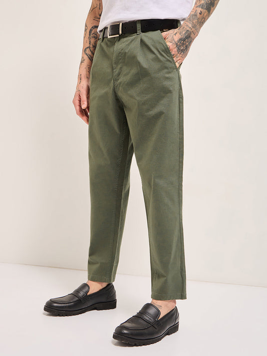Olive Solid Cropped Carrot Fit Casual Chino Trouser