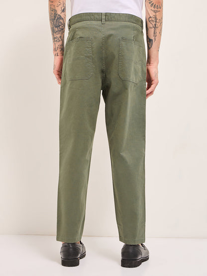 Olive Solid Cropped Carrot Fit Casual Chino Trouser