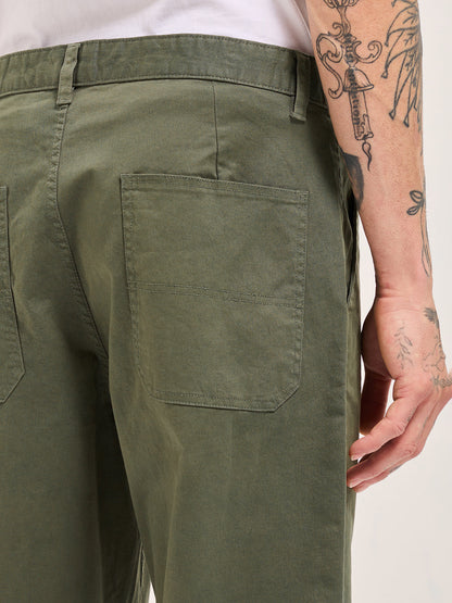 Olive Solid Cropped Carrot Fit Casual Chino Trouser