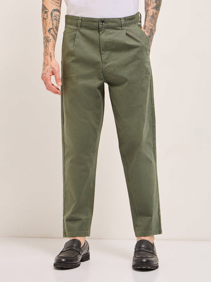 Olive Solid Cropped Carrot Fit Casual Chino Trouser