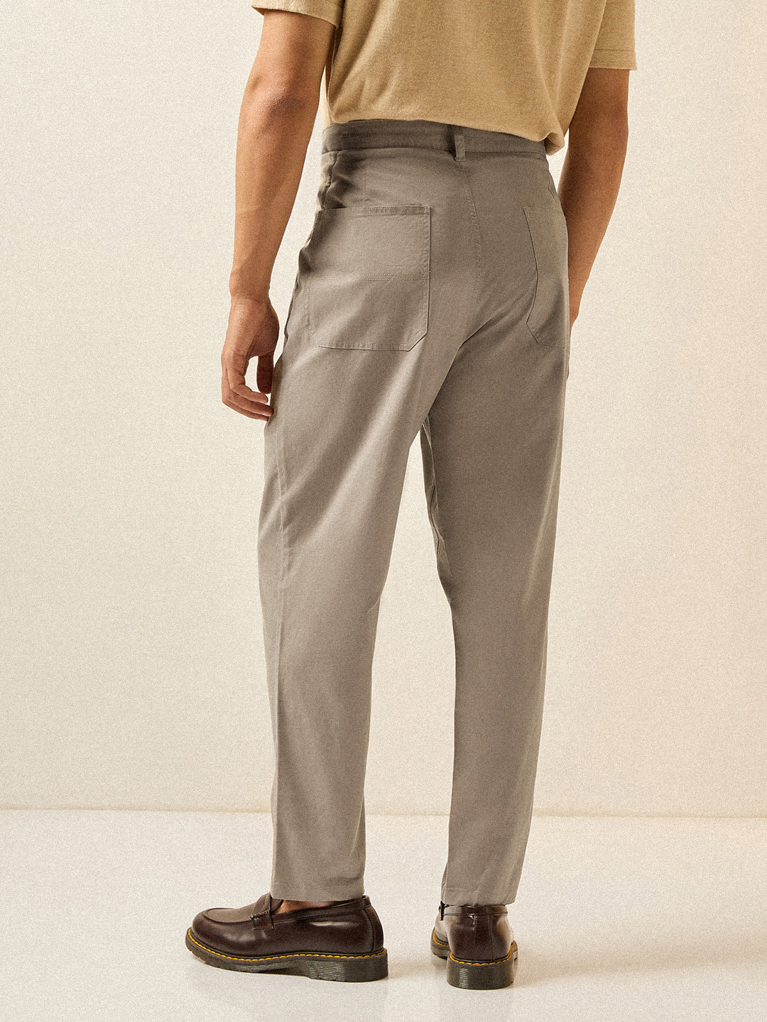 Beige Solid Cropped Carrot Fit Casual Chino Trouser