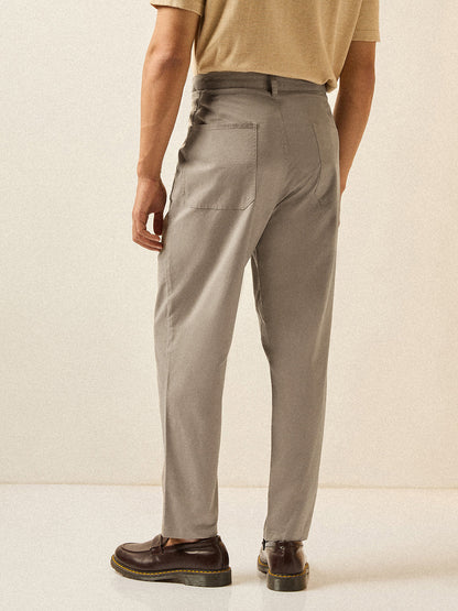 Beige Solid Cropped Carrot Fit Casual Chino Trouser