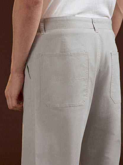 Grey Solid Cropped Carrot Fit Casual Chino Trouser