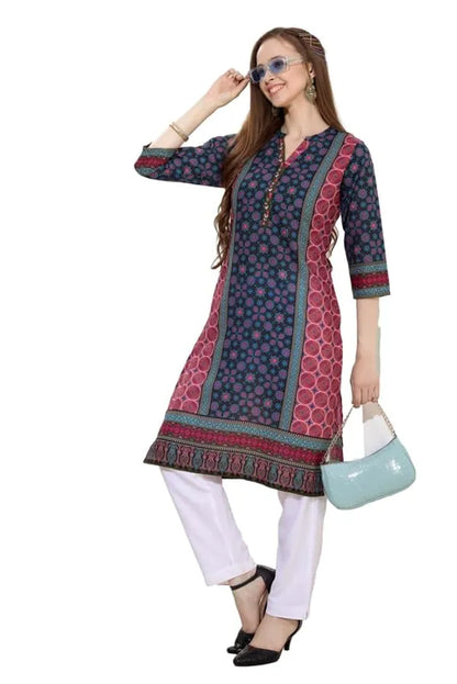 Black And Pink Long Cotton Kurti | Digital Print Ethnic Wear For Women | Comfortable & Stylish Outfit