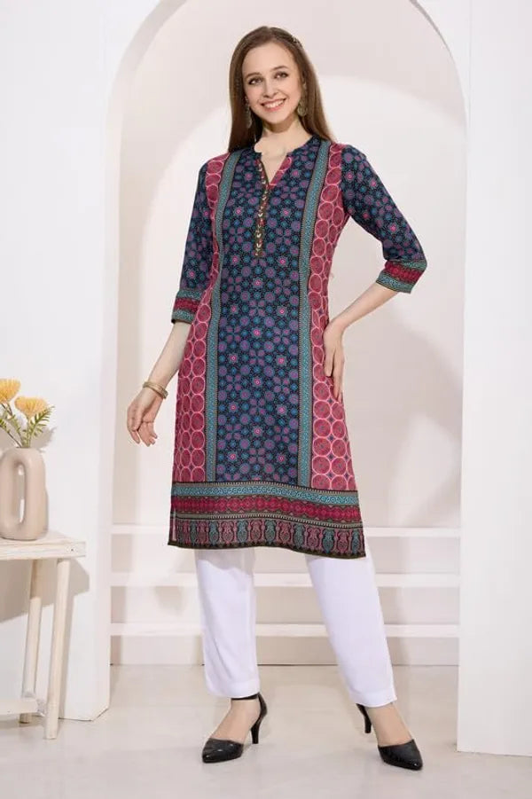 Black And Pink Long Cotton Kurti | Digital Print Ethnic Wear For Women | Comfortable & Stylish Outfit