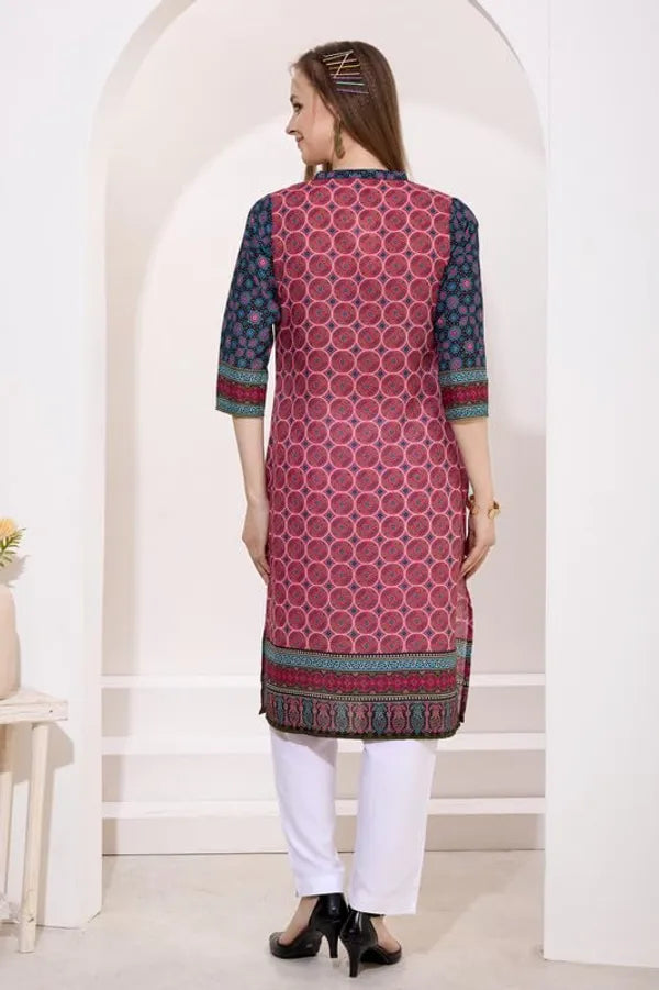 Black And Pink Long Cotton Kurti | Digital Print Ethnic Wear For Women | Comfortable & Stylish Outfit