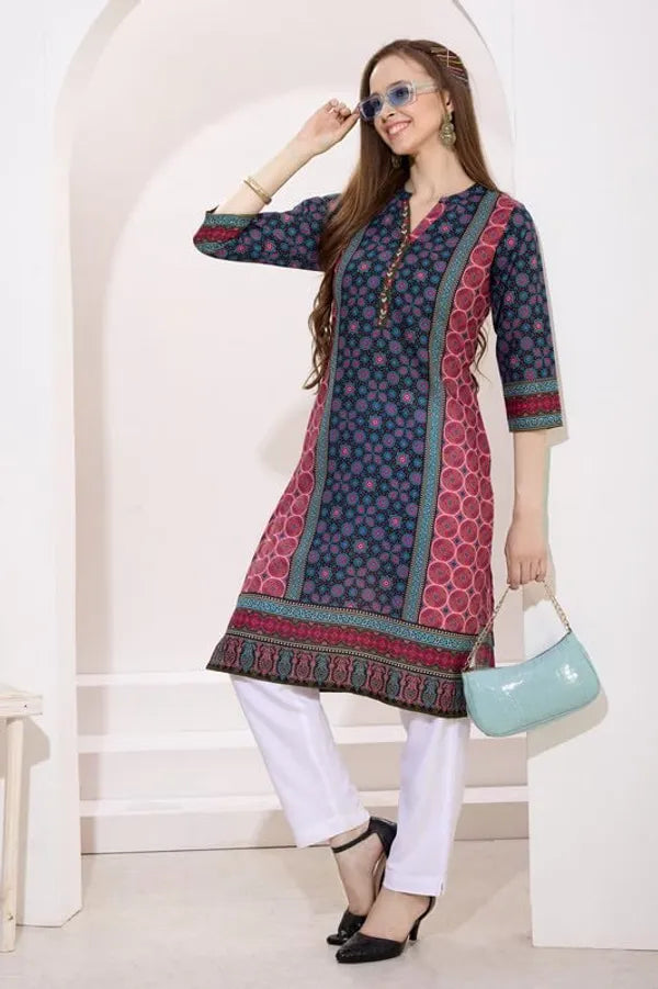 Black And Pink Long Cotton Kurti | Digital Print Ethnic Wear For Women | Comfortable & Stylish Outfit