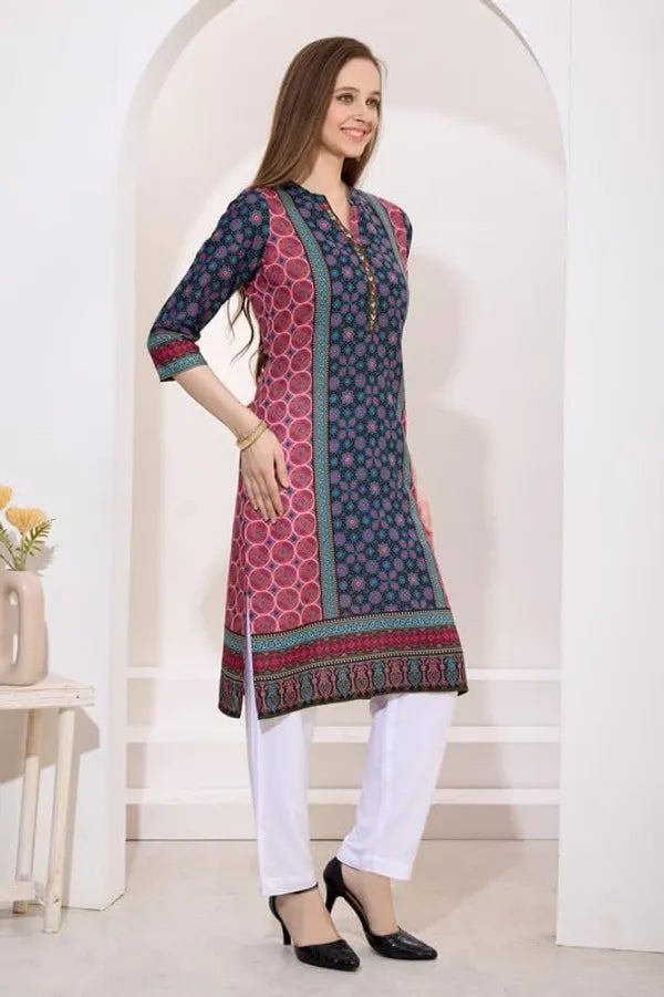 Black And Pink Long Cotton Kurti | Digital Print Ethnic Wear For Women | Comfortable & Stylish Outfit