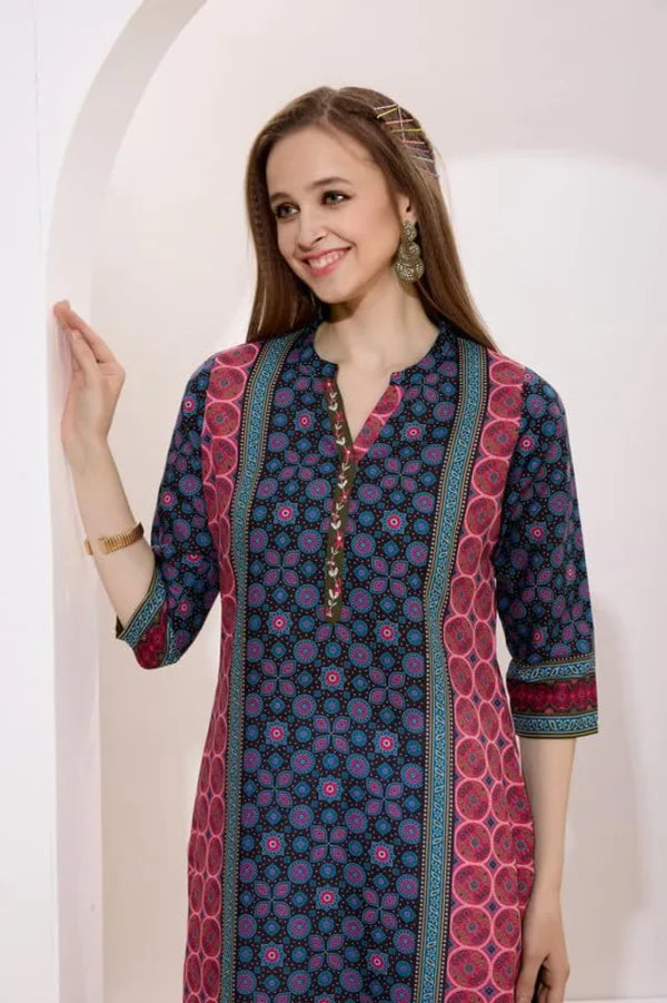 Black And Pink Long Cotton Kurti | Digital Print Ethnic Wear For Women | Comfortable & Stylish Outfit