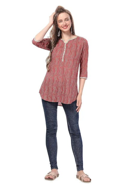 Red Cotton Printed Tunic With Thread Work | Kurti Tops | Short Kurti | Short Kurti For Women | Short Kurti For Girls