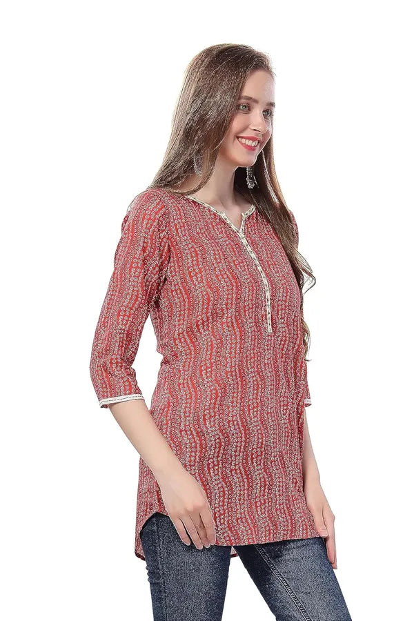 Red Cotton Printed Tunic With Thread Work | Kurti Tops | Short Kurti | Short Kurti For Women | Short Kurti For Girls