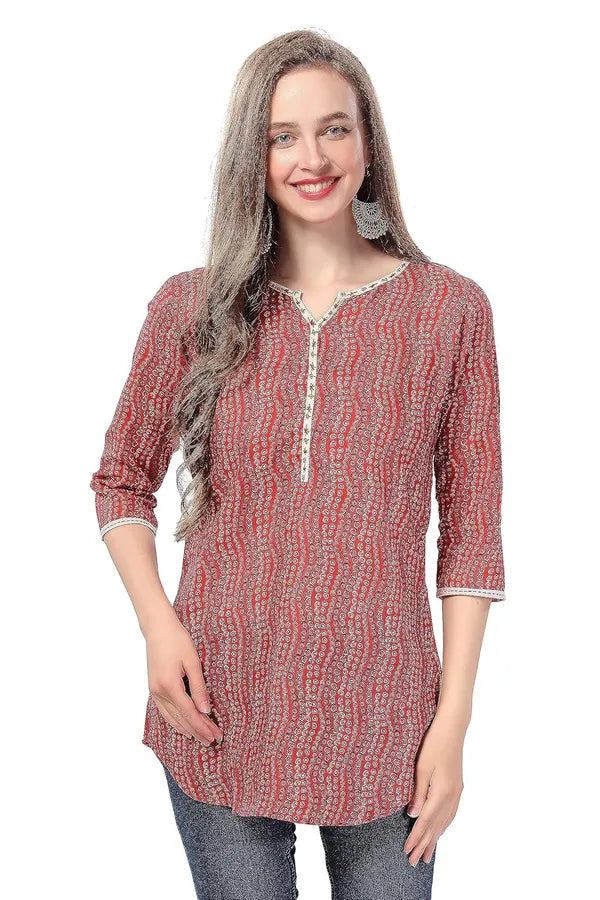 Red Cotton Printed Tunic With Thread Work | Kurti Tops | Short Kurti | Short Kurti For Women | Short Kurti For Girls