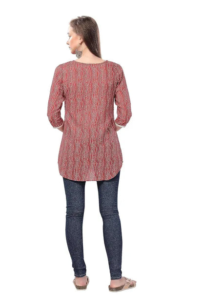 Red Cotton Printed Tunic With Thread Work | Kurti Tops | Short Kurti | Short Kurti For Women | Short Kurti For Girls