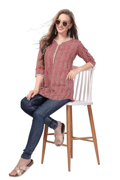 Red Cotton Printed Tunic With Thread Work | Kurti Tops | Short Kurti | Short Kurti For Women | Short Kurti For Girls