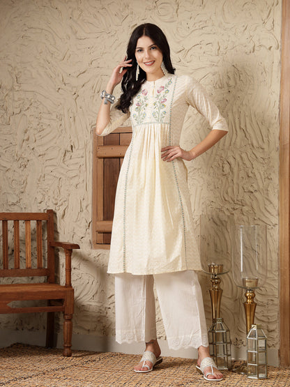 Stylum Women's Cream Self Designed & Embroidered Cotton A-Line Kurta (CREAMDOVE)