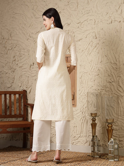 Stylum Women's Cream Self Designed & Embroidered Cotton A-Line Kurta (CREAMDOVE)