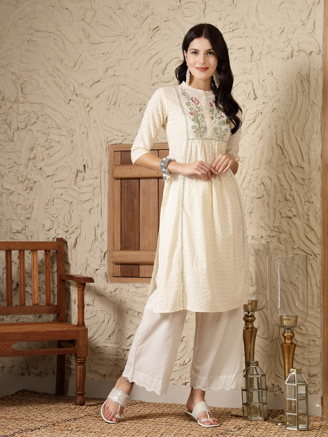 Stylum Women's Cream Self Designed & Embroidered Cotton A-Line Kurta (CREAMDOVE)