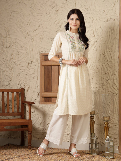 Stylum Women's Cream Self Designed & Embroidered Cotton A-Line Kurta (CREAMDOVE)