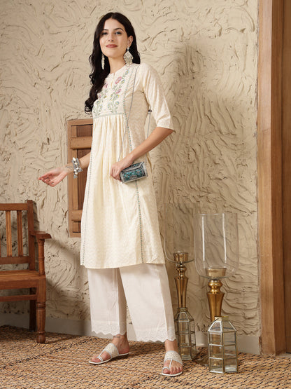 Stylum Women's Cream Self Designed & Embroidered Cotton A-Line Kurta (CREAMDOVE)