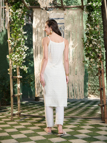 Stylum Women's Cream Chikankari Rayon Straight Kurta (CREAMGLAM)