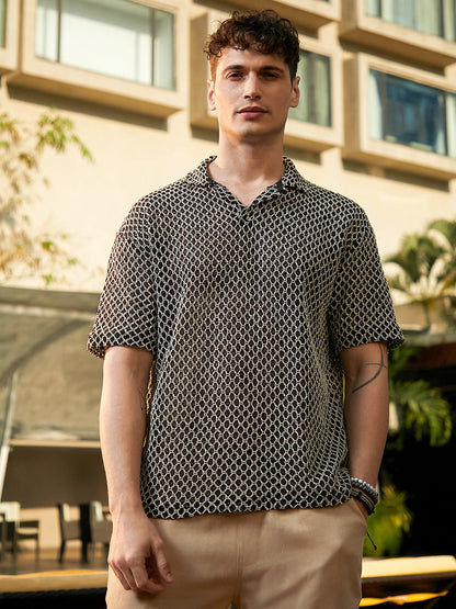 Mesh-Tactile Knit Polo T-Shirt