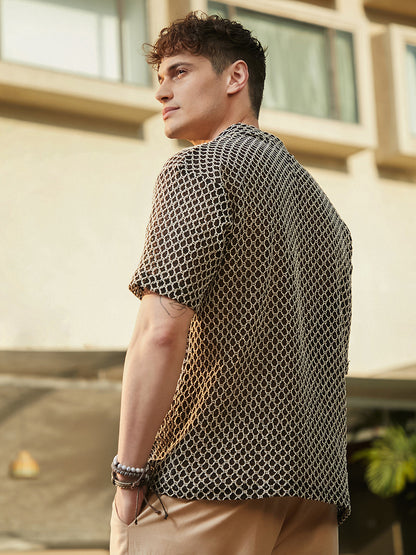 Mesh-Tactile Knit Polo T-Shirt