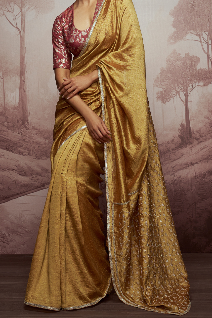 Dance of Duality Embroidered Solid Gold Saree