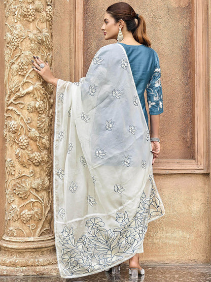 Floral Embroidered Thread Work Straight Kurta With Trousers & Dupatta