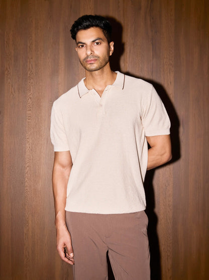 3D Knit Cotton Polo Regular Fit - Cream