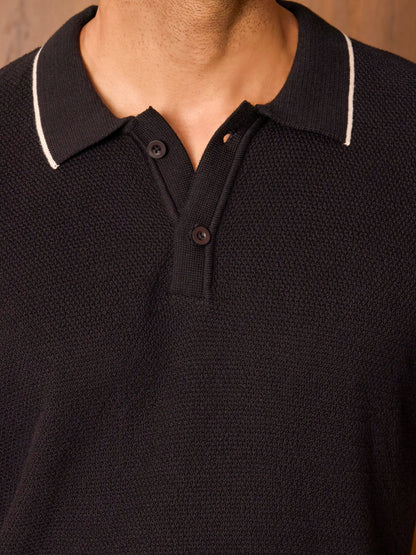 3D Knit Cotton Polo Regular Fit - Black