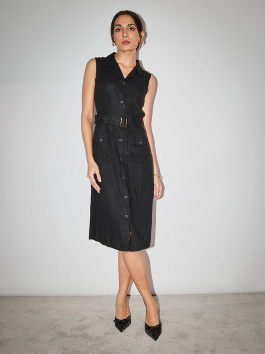 Linen Trench Coat Dress - Black