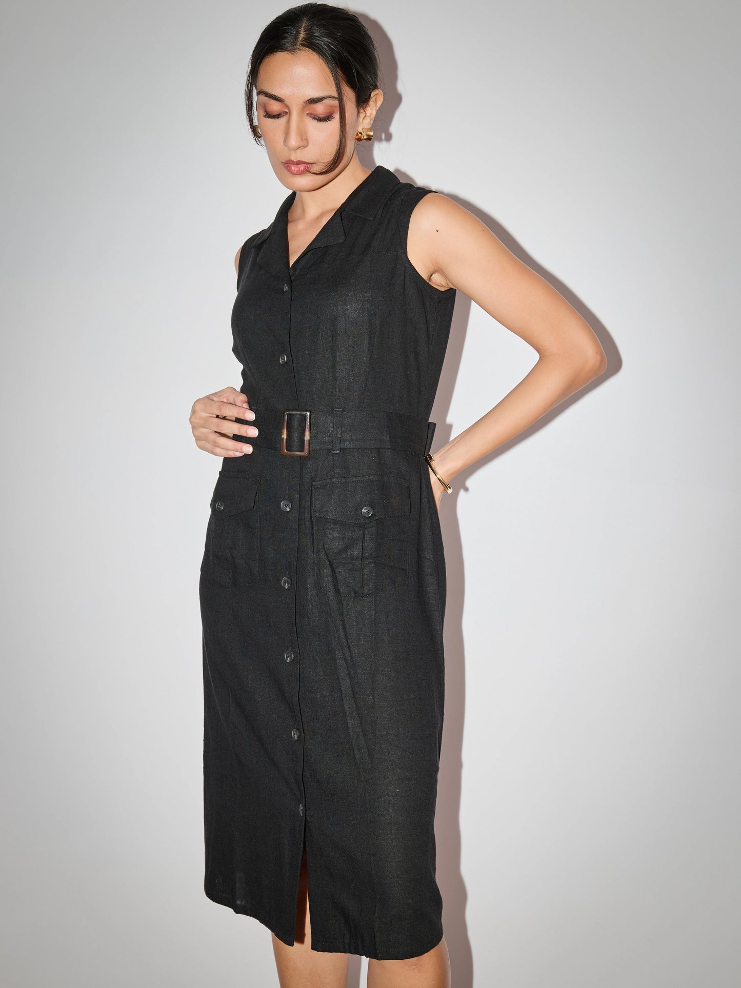 Linen Trench Coat Dress - Black