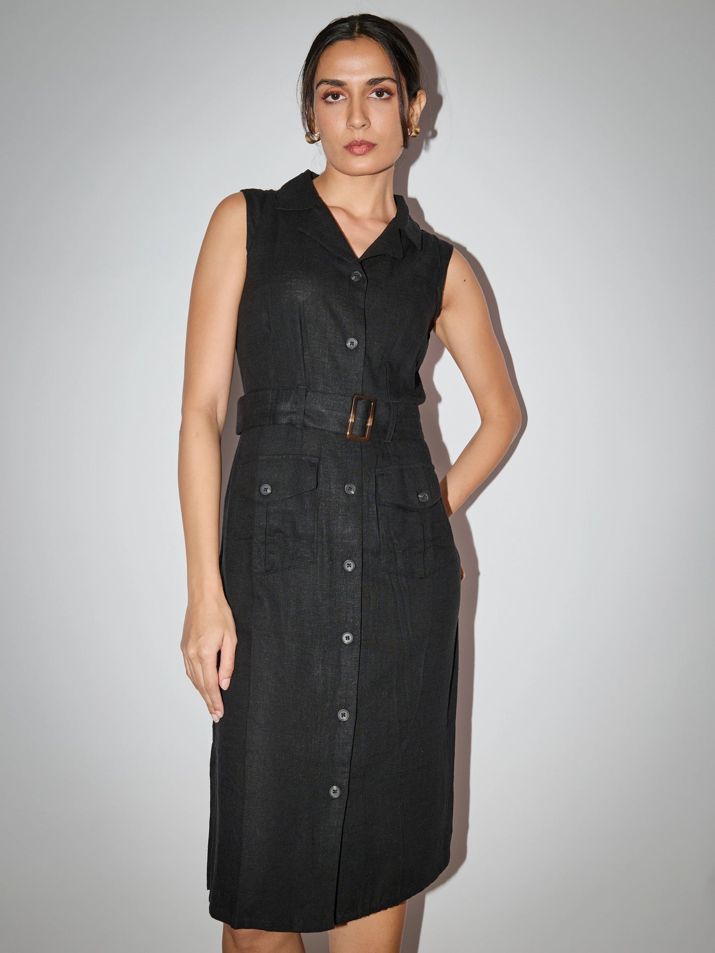 Linen Trench Coat Dress - Black