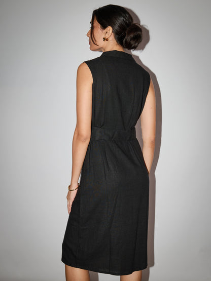 Linen Trench Coat Dress - Black