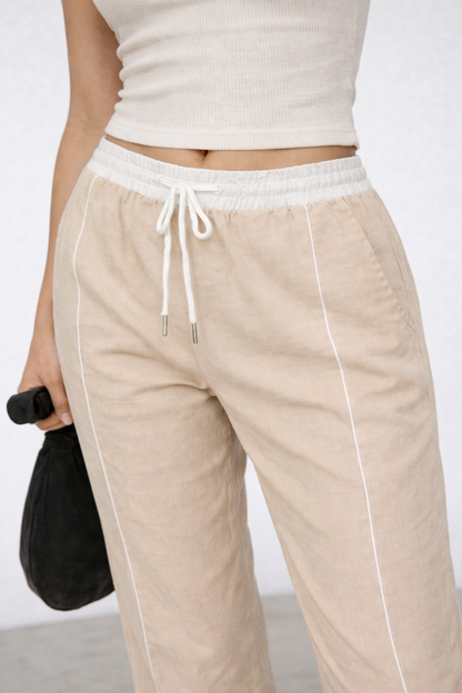 Drawstring Wide Leg Pants - Beige