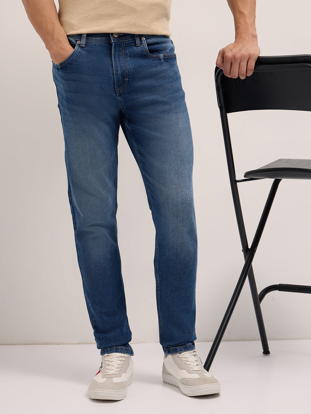 Mid Blue Mid-Rise Slim Fit Jeans with Mid Fade