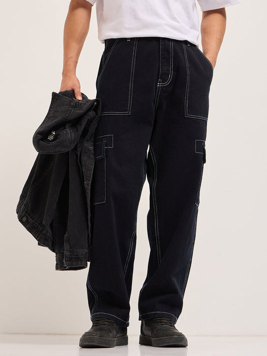 Black Mid-Rise Baggy Fit Cargo Jeans
