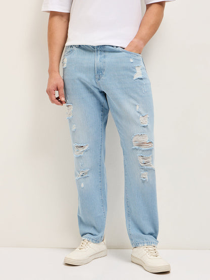 Light Blue with Light Fade High Distressed Mid-Rise Relaxed Fit Jeans