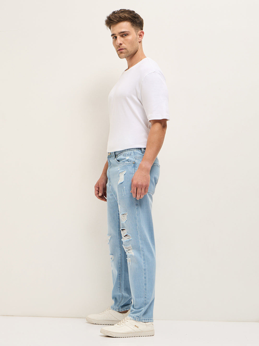 Light Blue with Light Fade High Distressed Mid-Rise Relaxed Fit Jeans