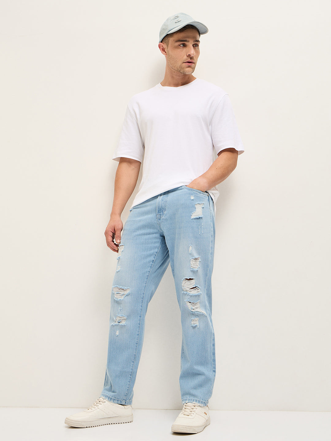 Light Blue with Light Fade High Distressed Mid-Rise Relaxed Fit Jeans