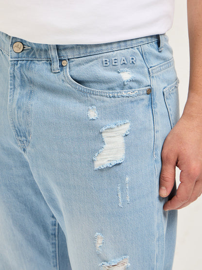 Light Blue with Light Fade High Distressed Mid-Rise Relaxed Fit Jeans