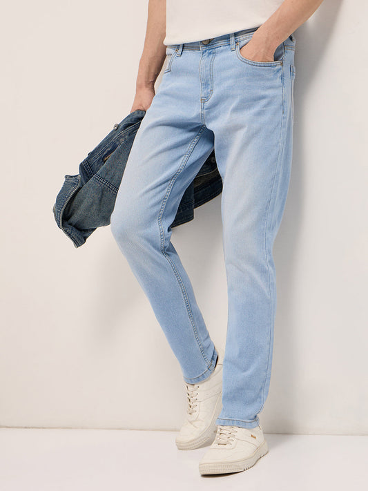 Mid Blue Mid-Rise Slim Fit Jeans with Light Fade