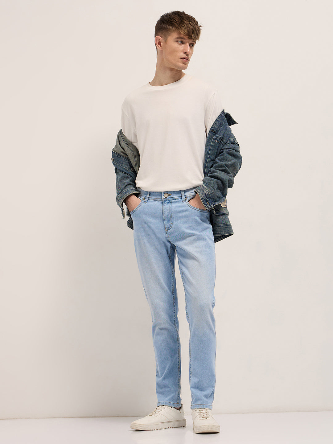 Mid Blue Mid-Rise Slim Fit Jeans with Light Fade