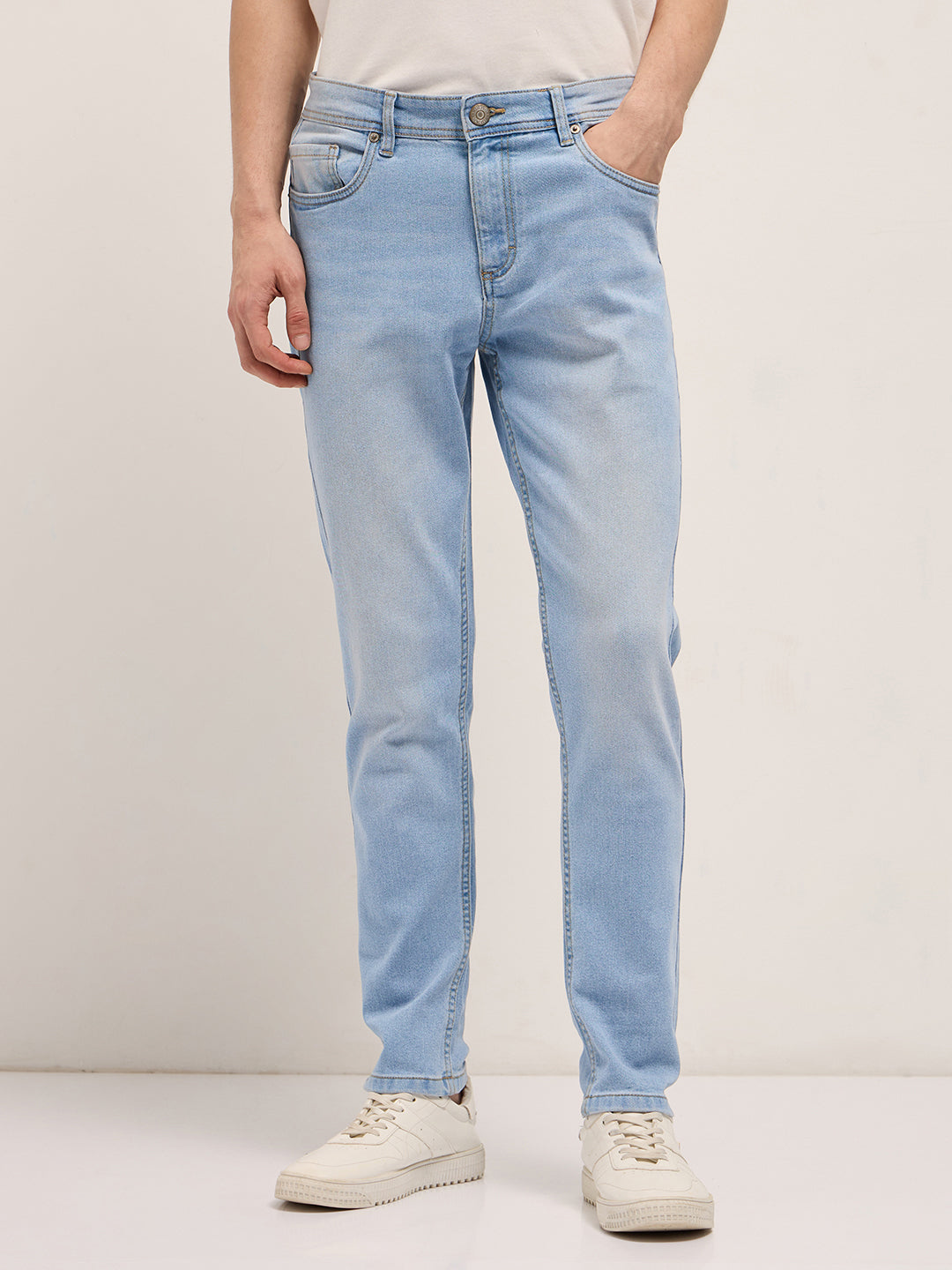 Mid Blue Mid-Rise Slim Fit Jeans with Light Fade