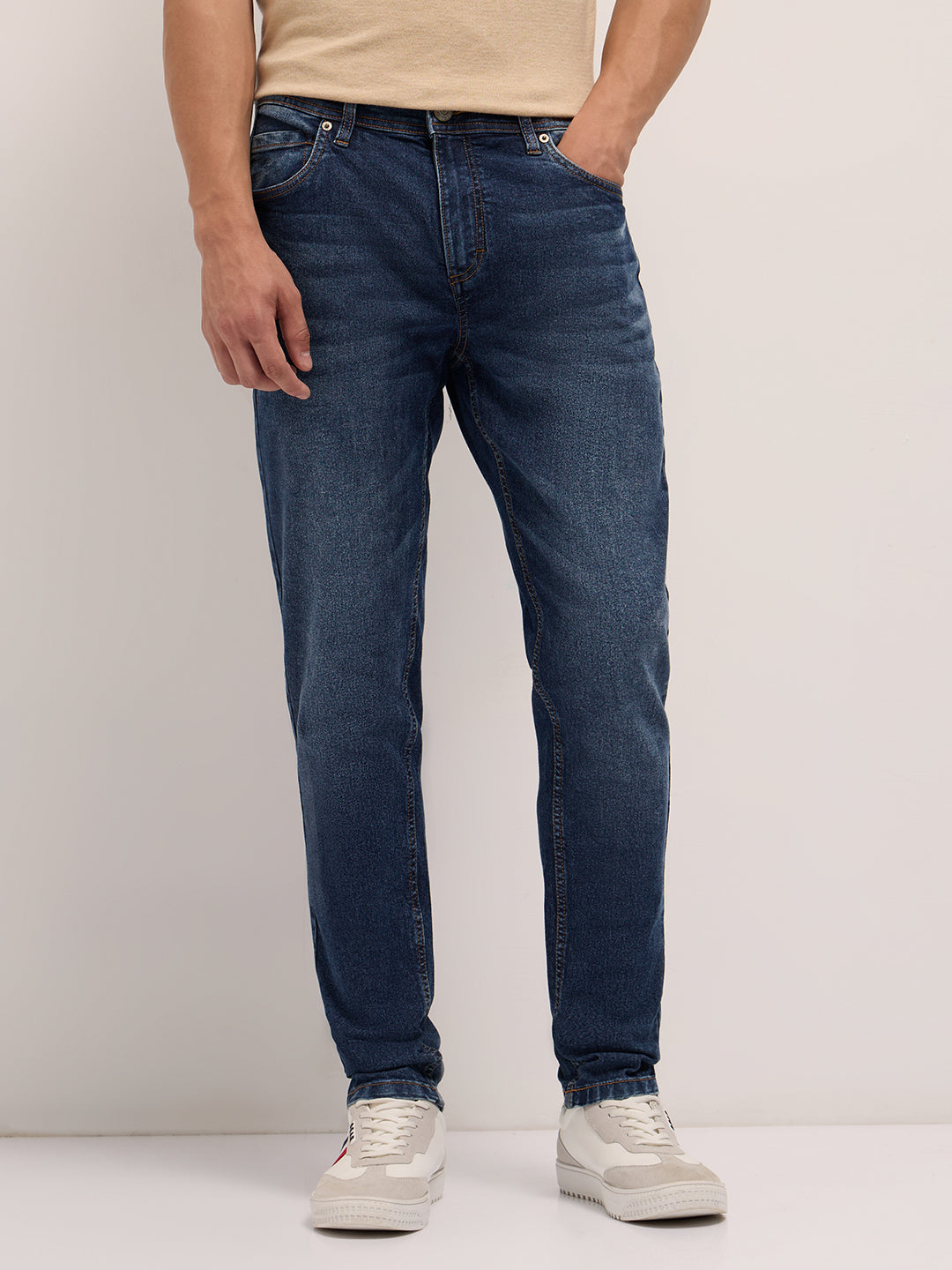 Mid Blue Mid-Rise Skinny Fit Jeans with Light Fade