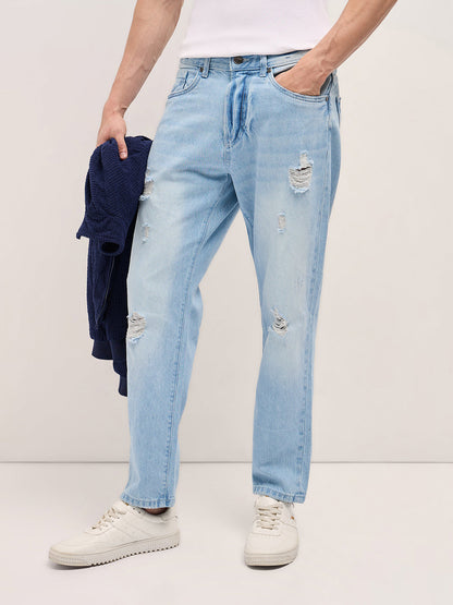 Light Blue with Light Fade Distressed Mid-Rise Relaxed Fit Jeans