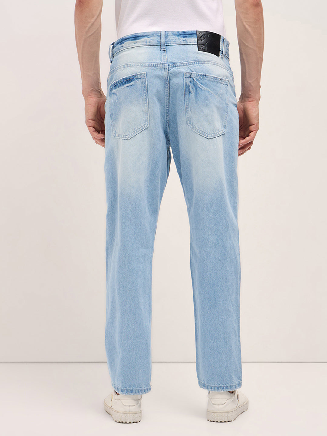 Light Blue with Light Fade Distressed Mid-Rise Relaxed Fit Jeans