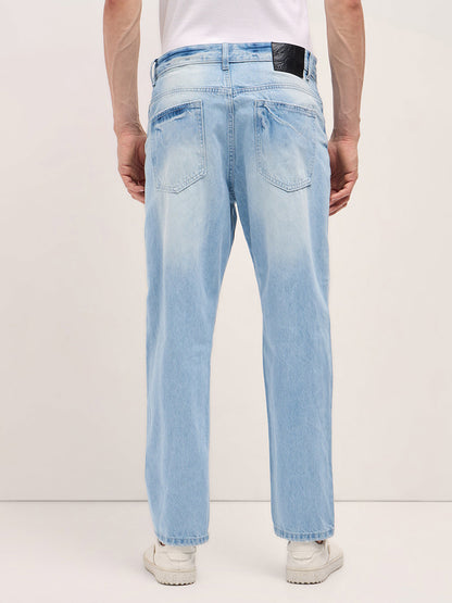 Light Blue with Light Fade Distressed Mid-Rise Relaxed Fit Jeans