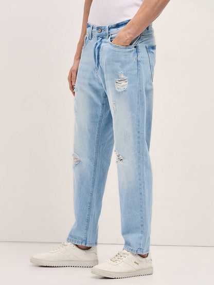 Light Blue with Light Fade Distressed Mid-Rise Relaxed Fit Jeans