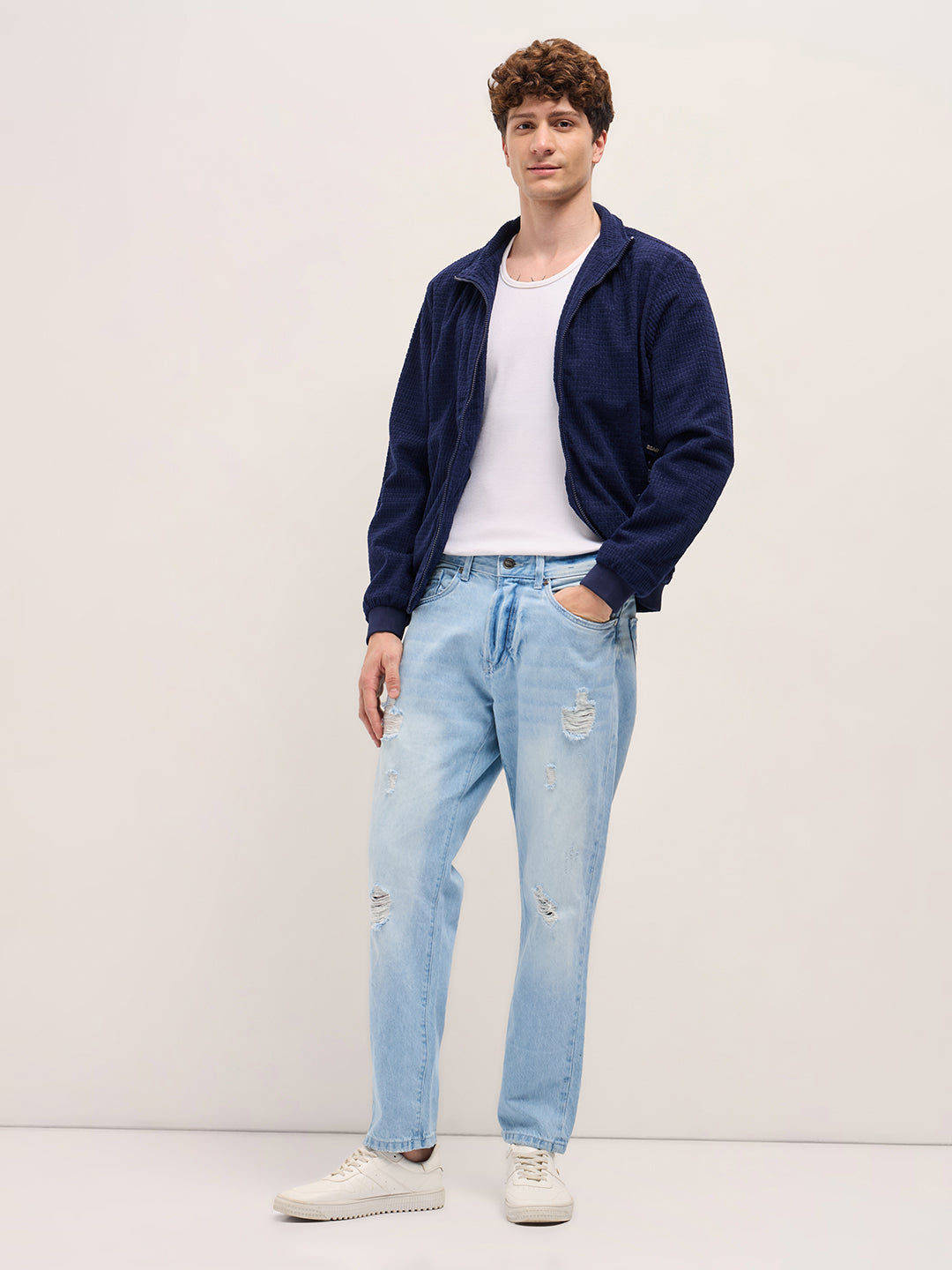 Light Blue with Light Fade Distressed Mid-Rise Relaxed Fit Jeans